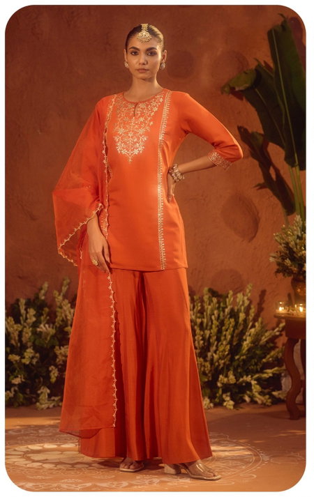 Orange Colour Viscose Chanderi Kurti With Bottom Dupatta Orders In India SET0229
